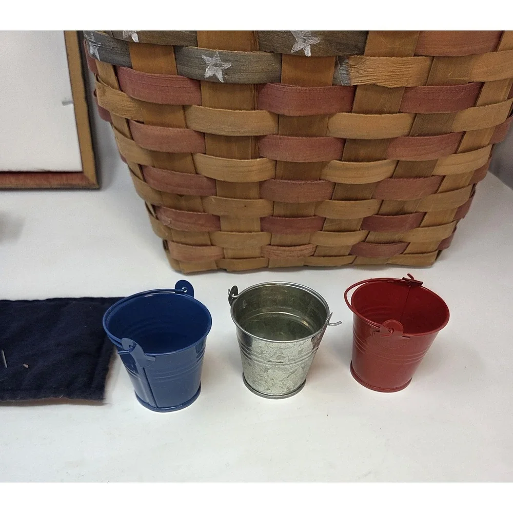 Primitive Americana Patriotic Decor Lot 7pc Basket Sign Birdhouse Star Pails